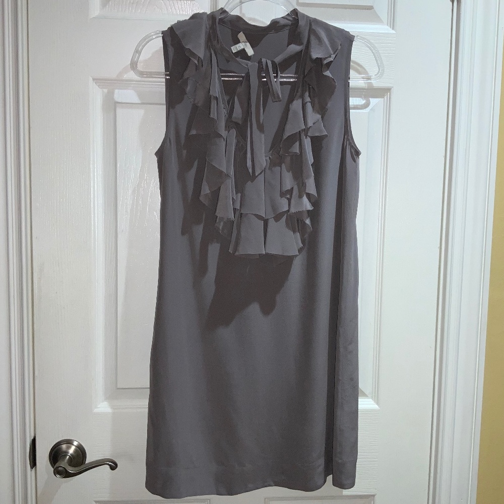 Joie silk sheath mini dress ruffle & tie neckline Sz XS sleeveless V neck